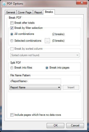 Breaks tab: Define to break into separate files or separate pages within a single file Break on any sorted column in the grid, even if it s not subtotaled, and even if the filter is a wildcard.
