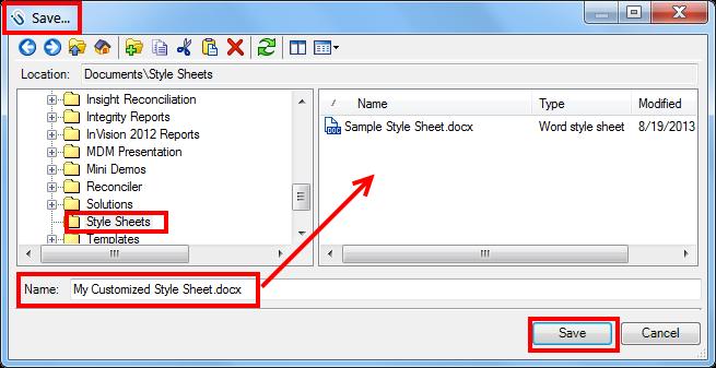 14. Navigate to the folder to save the style sheet in the InsightUnlimited Repository (where all your reports are saved).