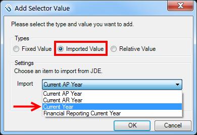 13) Choose the Imported Value Type to import values from your ERP system. 14) Choose the item to import from your ERP system (in this example Year): 15) Click OK.