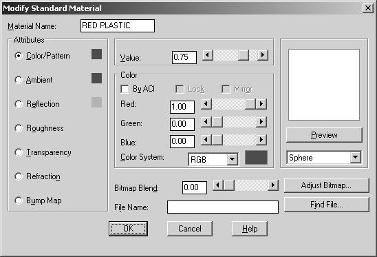 GD21-3 Editing Basic Materials We can edit materials that have been loaded into the current drawing through the Materials Dialog. Select the Material you want to modify then click the Modify button.