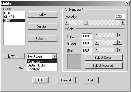 GD21-3 Light Dialogs The Light Dialog gives us options to create new Lights and to control the Ambient light intensity and color. Ambient light provides constant illumination in the model.