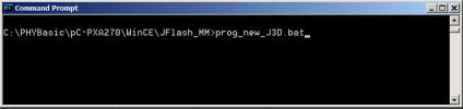 Change directory to the folder that contains the PHYTEC WinCE files, i.e. C:\PHYBasic\pC-PXA270\WinCE\JFlash_MM. Start the Jflash program by typing prog_new_j3d.bat at the command prompt.