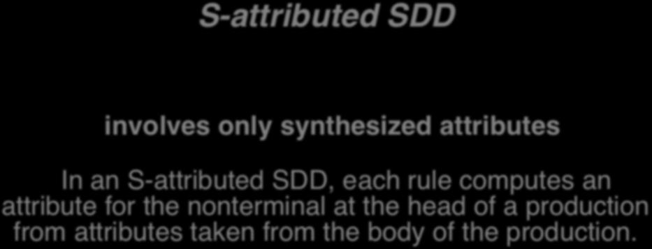 S-attributed SDD involves only synthesized attributes In an S-attributed SDD, each rule computes an attribute for the nonterminal at the head of a