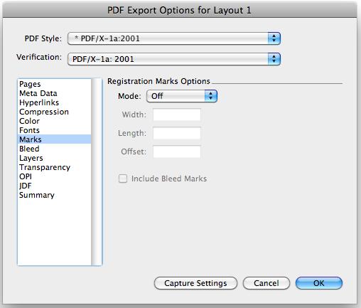 choose PDF/X1a:2001 or PDF/X3:2002 (Please do not modify any of the default settings) Select Export and a PDF will be created in the designated