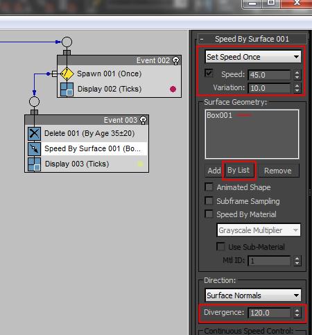 With a Delete operator in place we can now build out how our sparks will act. Add a Speed By Surface to Event 003 above the delete.