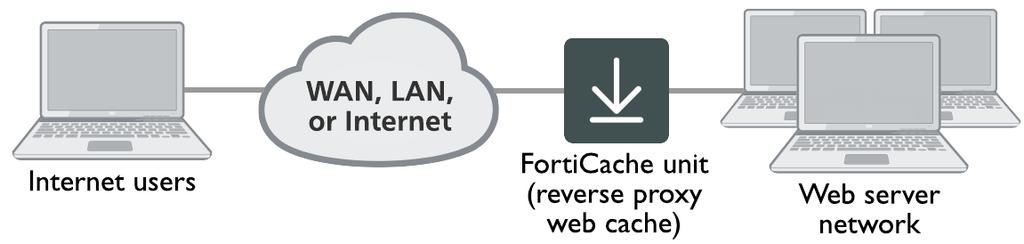 The FortiCache unit intercepts web page requests accepted by web cache policies, requests web pages from the web servers, caches the web page contents, and returns the web page contents to the users.