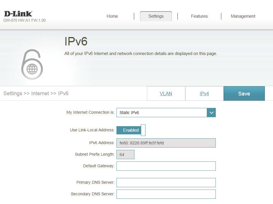 Section 4 - Configuration Static IPv6 Select Static IP if your IPv6 information is provided by your Internet Service Provider (ISP). Use Link-Local Address: Enable or disable link-local address use.
