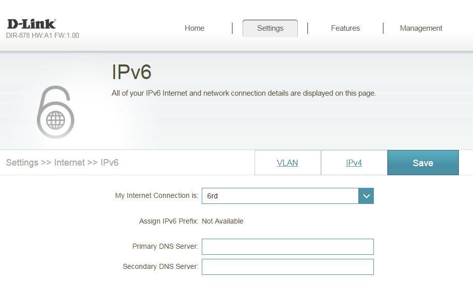 Section 4 - Configuration 6rd In this section the user can configure the IPv6 6rd connection settings. Assign IPv6 Prefix: Currently unsupported.