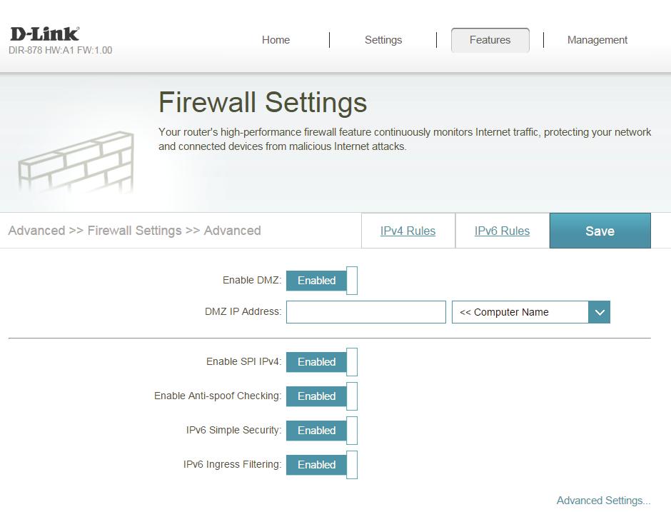 Section 4 - Configuration Firewall Settings The router s firewall protects your network from malicious attacks over the Internet.