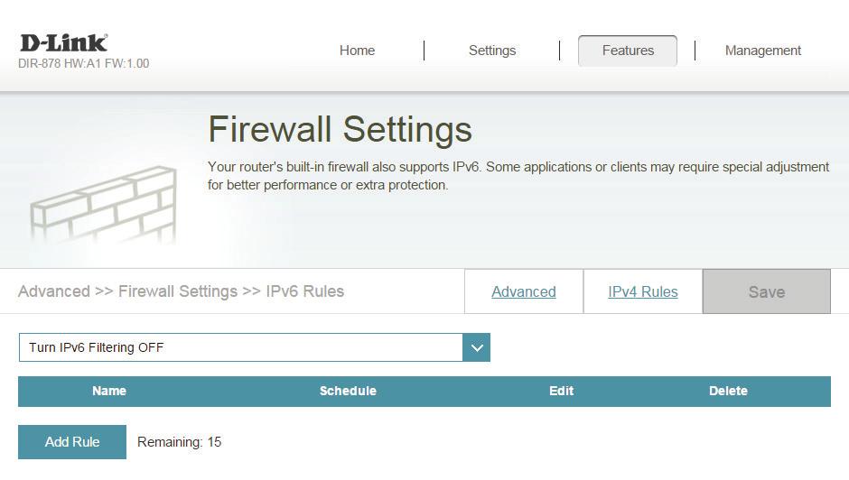 Section 4 - Configuration IPv4/IPv6 Rules The IPv4/IPv6 Rules section is an advanced option that lets you configure what kind of traffic is allowed to pass through the network.