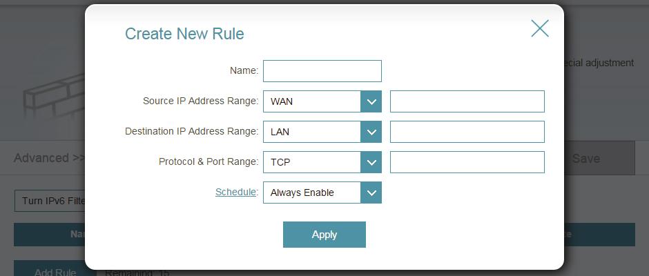 To return to the main Firewall Settings page, click Advanced. To begin, use the drop-down menu to select whether you want to ALLOW or DENY the rules you create.