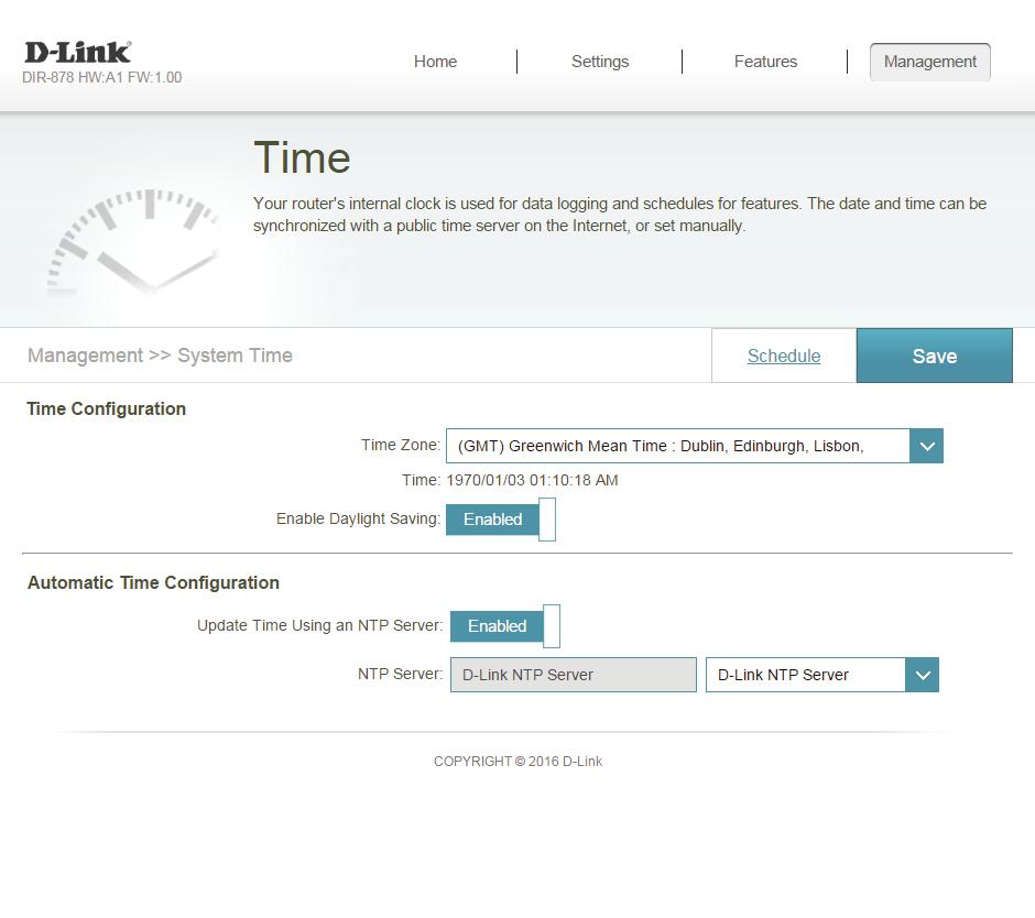 Section 4 - Configuration Management Time & Schedule Time The Time page allows you to configure, update, and maintain the correct time on the internal system clock.