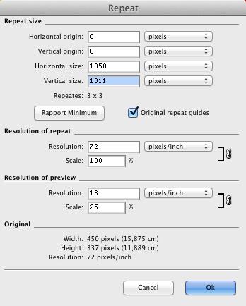 The Edit button opens the editing window of the Repetition parameters. The Repeat Size fields are shown at the top, where the desired repeat values of the rapport can be adjusted.