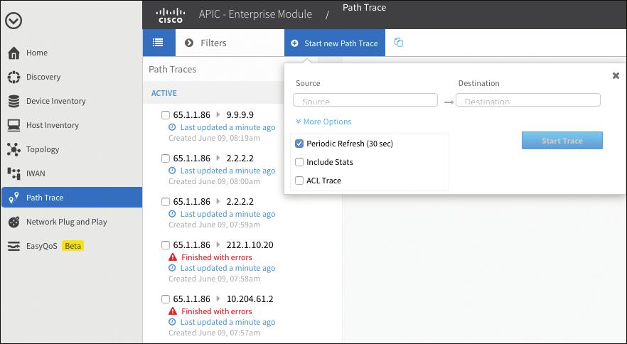 Path Trace then analyzes the current forwarding tables in the devices in the network, determines where packets would flow between those two addresses, and shows that path on a network topology map.