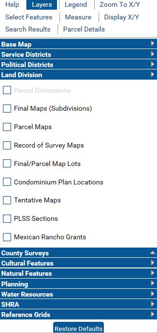 A) To view Filed Maps 1. Click on Layers at the top left side of the screen 2. Select 4 th Tab, Land Division 3.