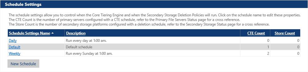 Schedule Settings The Schedule settings allow you to control when the Core Tiering Engine and Secondary Storage Deletion policies will