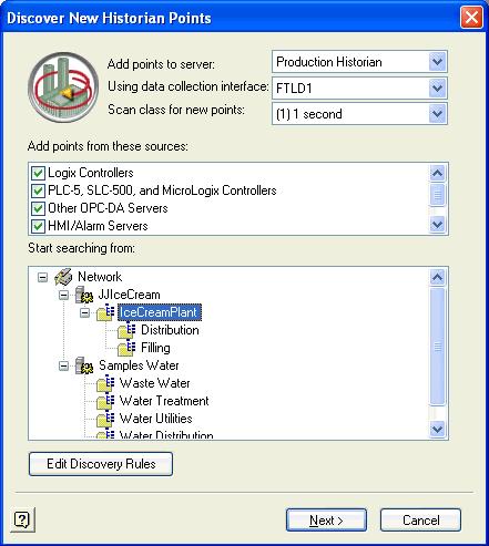 FactoryTalk Historian SE Installation and Configuration Guide The Discover New Historian Points dialog box also opens when you click [Next] in the New Historian Server wizard. 1.