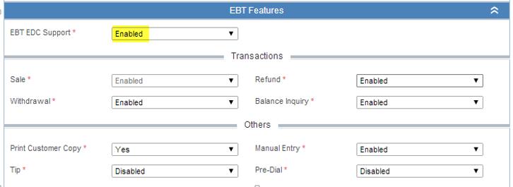 EBT Features: Debit EDC Support: Enable or disable EBT support Available options are: EBT Features: Transactions Sale: No options available Always enabled whrn EBT support is enabled Refund: