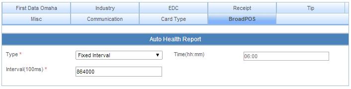 BroadPOS Tab BroadPOS Tab: Auto Health report The Auto Health Report (Health Check) serves to keep you informed on the terminal components by contacting the BroadPOS Server at regular intervals and