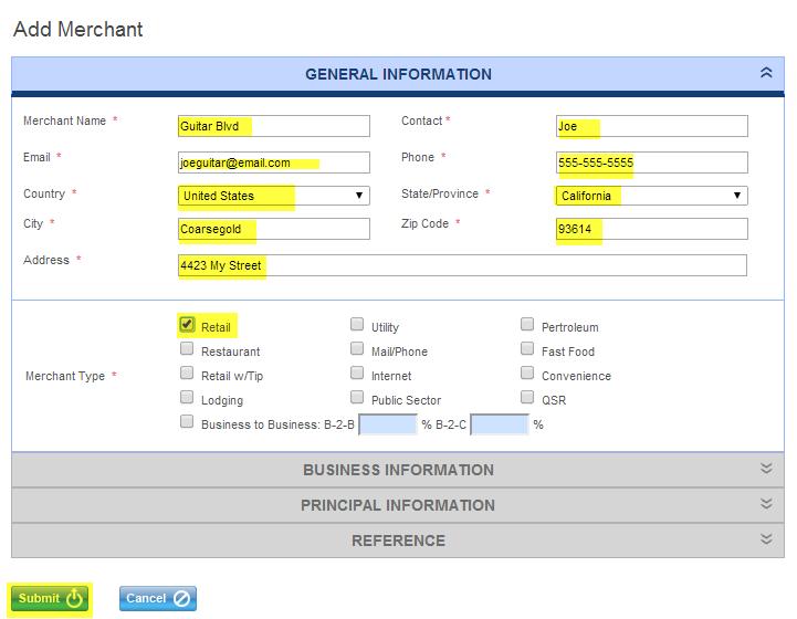 The Add Merchant screen only requires the General Information data. The Business Information, Principal Information and Reference sections are not required.