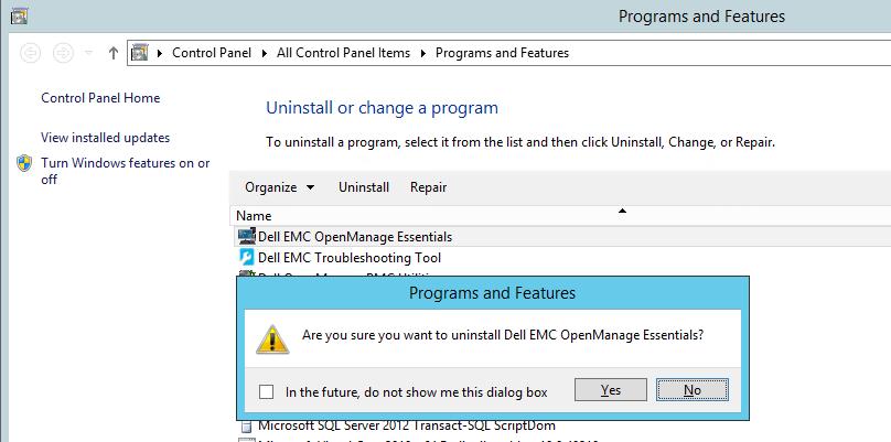 9 Uninstalling OME To uninstall OME: 1. Navigate to Control Panel Programs and Features and select Dell EMC OpenManage Essentials. 2. Click Uninstall.