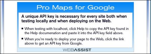 This key is generated by entering the http:// location of the site where this map will be staged. The map will only display if the key matches with the http:// location the map request is made from.