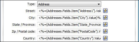 Address In address mode, the street, city, state, zip, and country fields are available to either specify address information directly, or use data bindings to map this information dynamically.