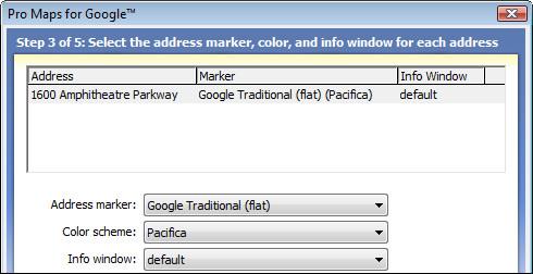 Step 3: Select the address marker, color, and info window for each address For each listing in the address pane, this step configures the type and color of address markers used for your configured
