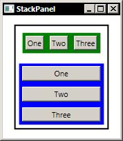 Orientation='Vertical'> <StackPanel Margin='10' Background='Green' Orientation='Horizontal'> <Button Margin='4'>One</Button> <Button Margin='4'>Two</Button> <Button Margin='4'>Three</Button>