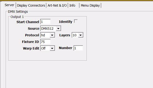 Axon HD Media Server Configuration Options Axon HD configuration options are grouped under a Server, Display Connectors, Art-Net & I/O, Info, and Menu Display tabs.