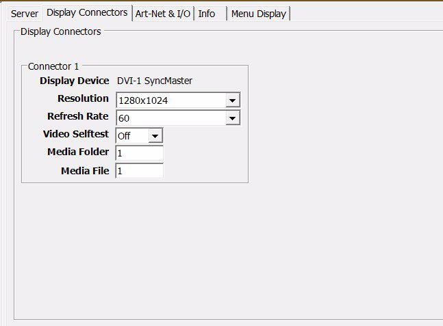 Display Connectors Tab Display Connectors Configuration Item Resolution Refresh Rates Video Pattern Media Folder Media File Configuration Value Options Options in the drop-down lists are