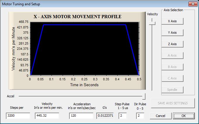 After enabling the axes, open the Motor tuning dialog (Config > Motor tuning).
