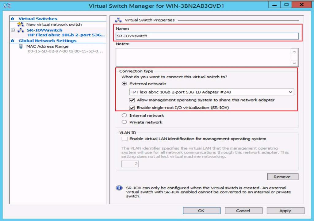 Creating and configuring SR-IOV on a virtual switch 1. Create a virtual switch: A. Launch Hyper-V Manager. B.