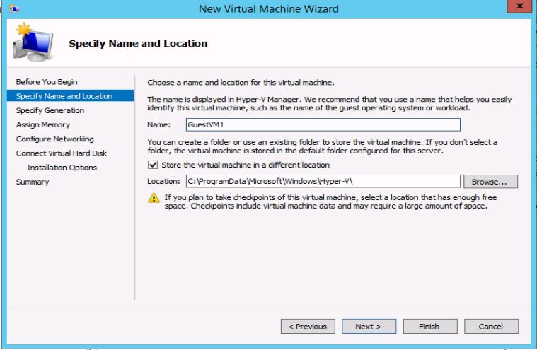 4. On the Specify Name and Location screen, name the virtual machine, and then click Next.