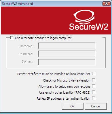 1.3 Advanced Configuration In this window, you configure the advanced options of SecureW2: Use alternate account to logon computer Server certificate must be installed on local computer Check for