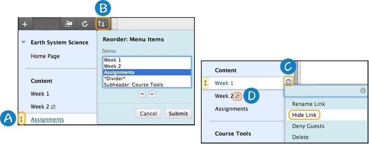 Manage Course Menu Links You can organize and rename the links on the course menu to make them easier for students to use. A. Use the drag-and-drop function to reorder links on the course menu. B.