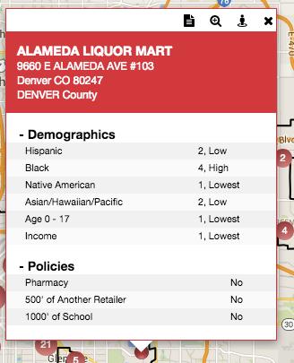 The red top section of the info box lists the location name and address. The white section of the box contains collapsed information on Demographics and Policy.