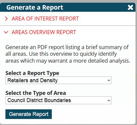The report will generate summary measures for all units of the selected geography. For example, all school districts will be listed with accompanying summary metrics.