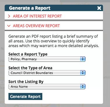 Common areas of interest are city, county, school district, and political district boundaries. Once all of the report options are selected, click the blue button labeled Generate Report.