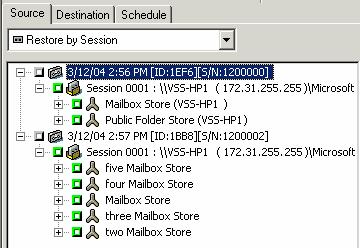 MSDE Writer Restore by Session: Microsoft Exchange backups are listed as separate sessions. Click the green icon next to the session's name to restore all of the Components included in the session.