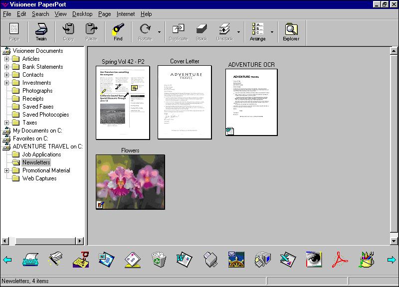 30 CHAPTER 3: FILING ITEMS Items in the selected folder appear on the Desktop. This example shows four items in the Newsletter folder, which is located in the Adventure Travel folder.