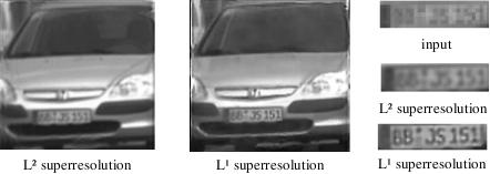 A comparison between L 2 -norm and L 1 -norm shows that the L 1 - norm allows to better preserve sharp edges in the super resolved image.