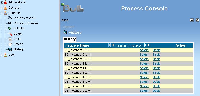 8.4 Accessing the History of a Process Instance Select the following path in the Navigational Tree (Left Panel): Operator History.