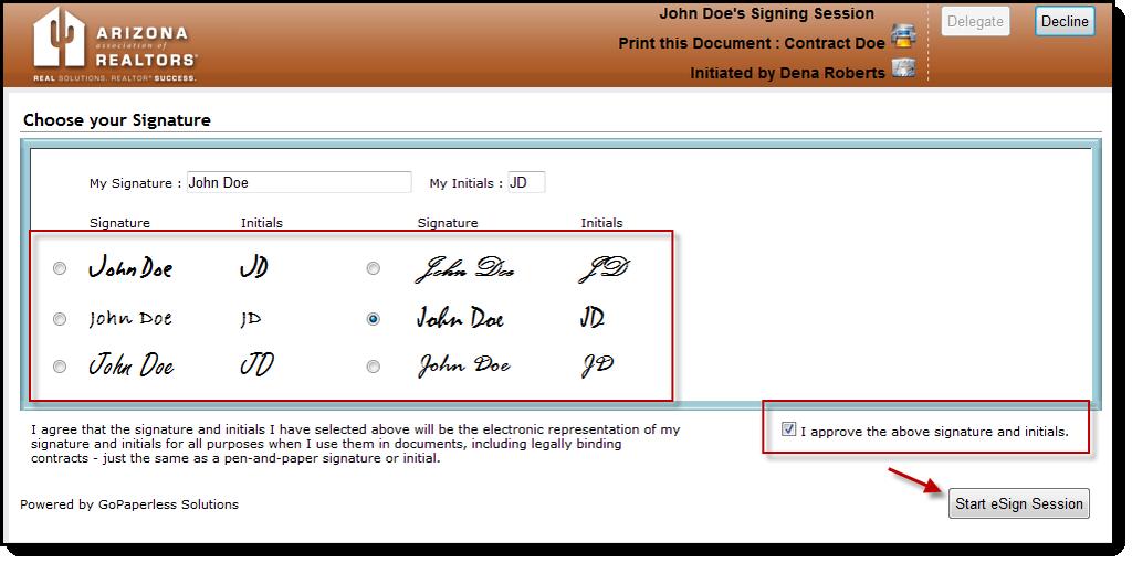 4. The signer will select a signature and click