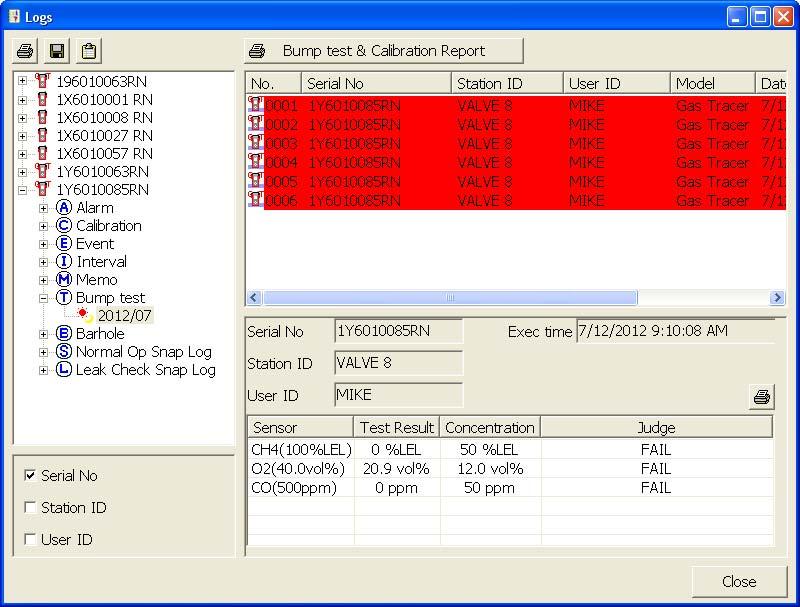 4. Click on one of the bump test data files. The fields in the bottom right frame will fill in. The instrument information will be displayed along with the bump test information.