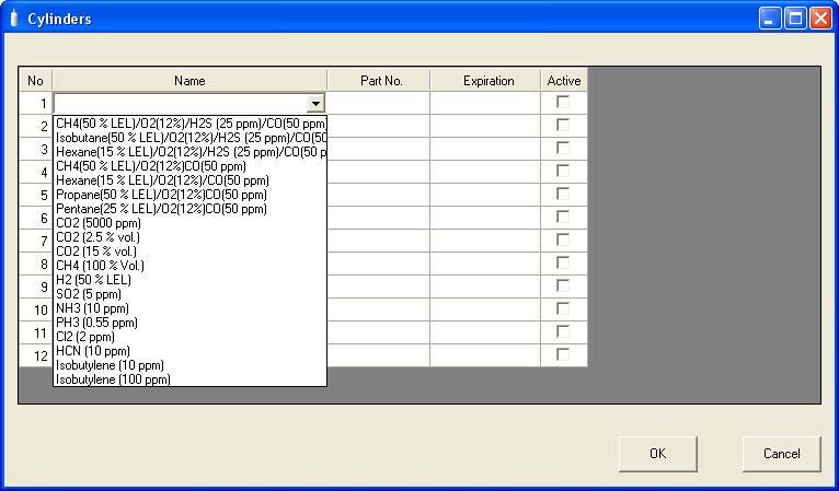 2. Click in a Name field, click on the drop down menu that appears, and select a predefined cylinder. Figure 29: Predefined List of Cylinders 3.