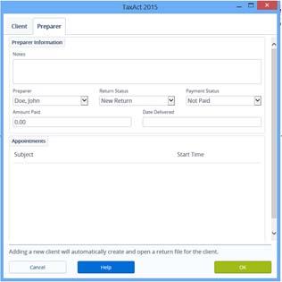 Select Add New 205 Client to complete the new client contact and basic information portion of the return, then click OK. a. Click the Client tab and fill out the basic information for the client.