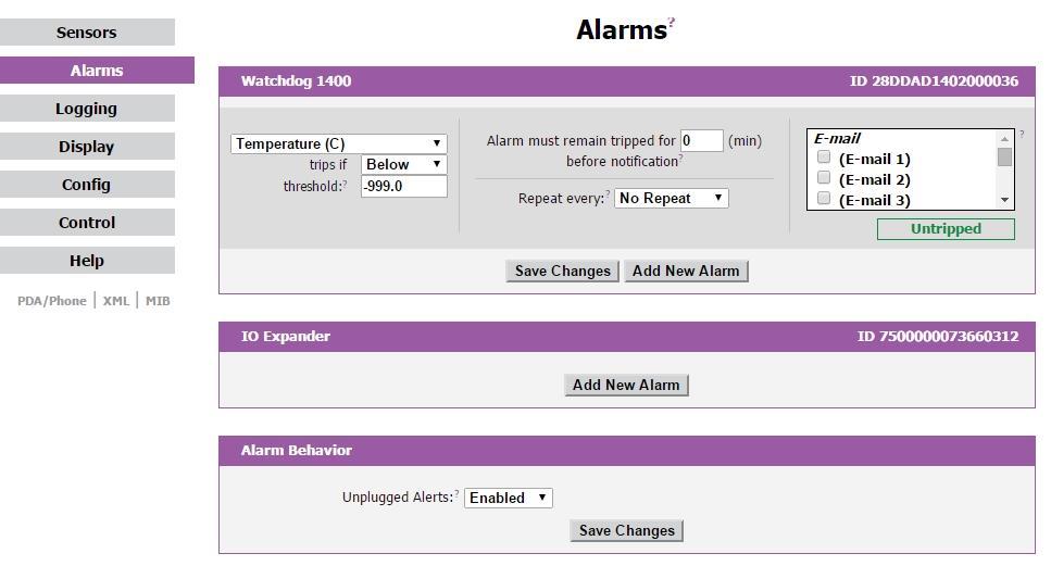 Alarms Page The Alarms page allows the user to establish alarm conditions for each sensor reading. Alarm conditions can be established with either high or low trip thresholds.