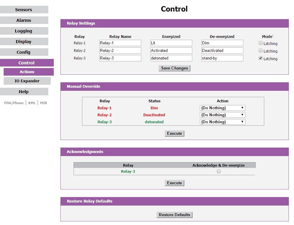 Control Page The Control page gives the user control of the low voltage output relays.