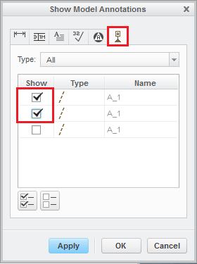 Displaying Centerlines - Select the feature(s) requiring centerlines (often holes and revolves). - Select "Show Model Annotations in the RMB menu.